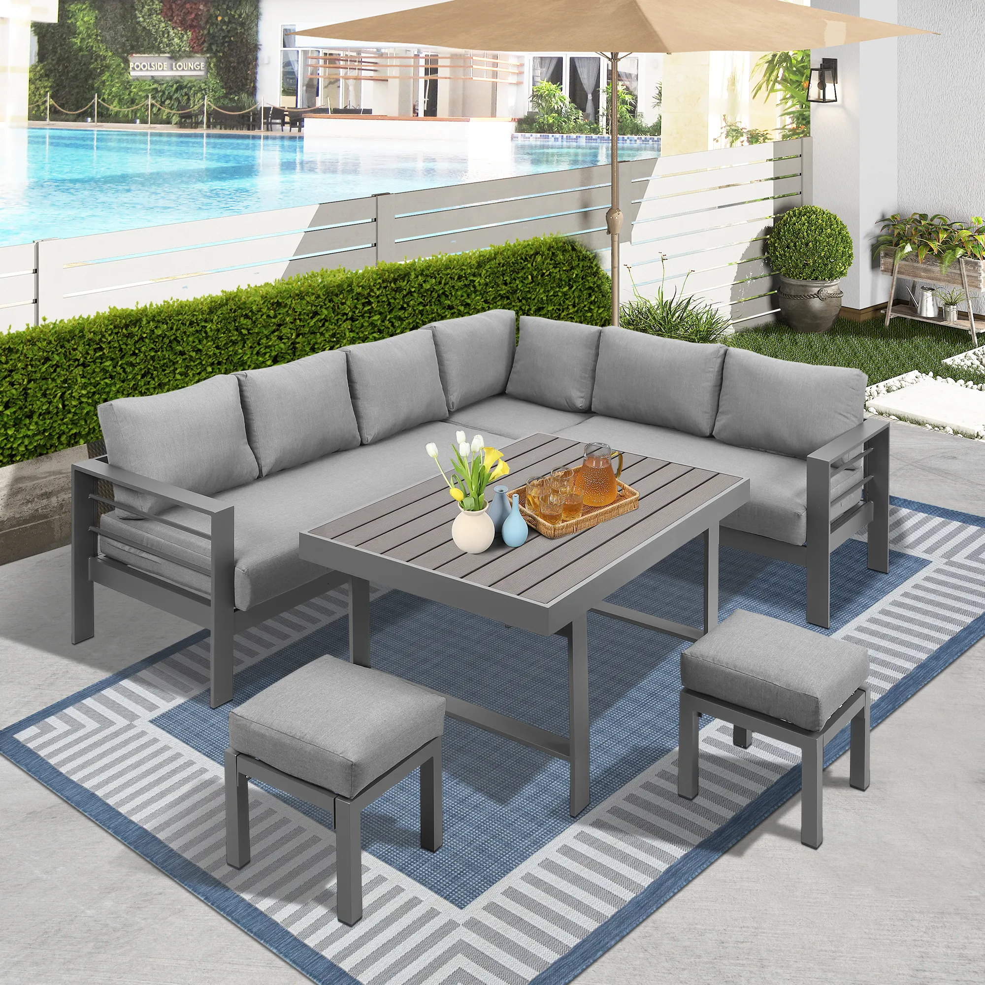 6Pieces Outdoor Dining Set, Grey Aluminum Frame with Dark Grey Cushions