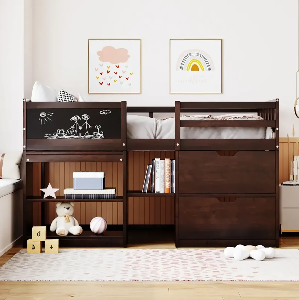 Merax Low Loft Bed with Rolling Desk and Drawers