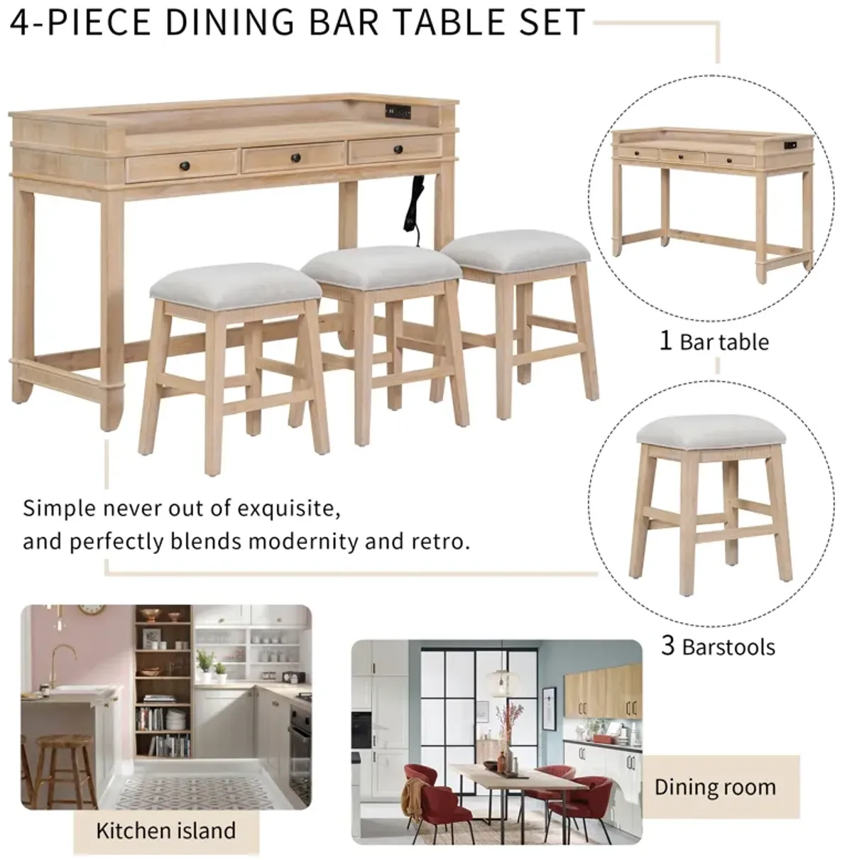 Merax 4-piece Dining Bar Table Set with 3 Stools