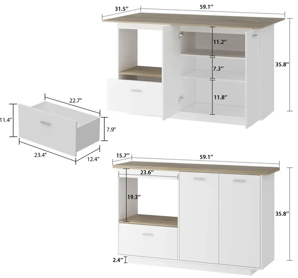 White/Oak Wood 59.1 in. W Kitchen Island Dining Table With Adjustable Shelves and Drawer