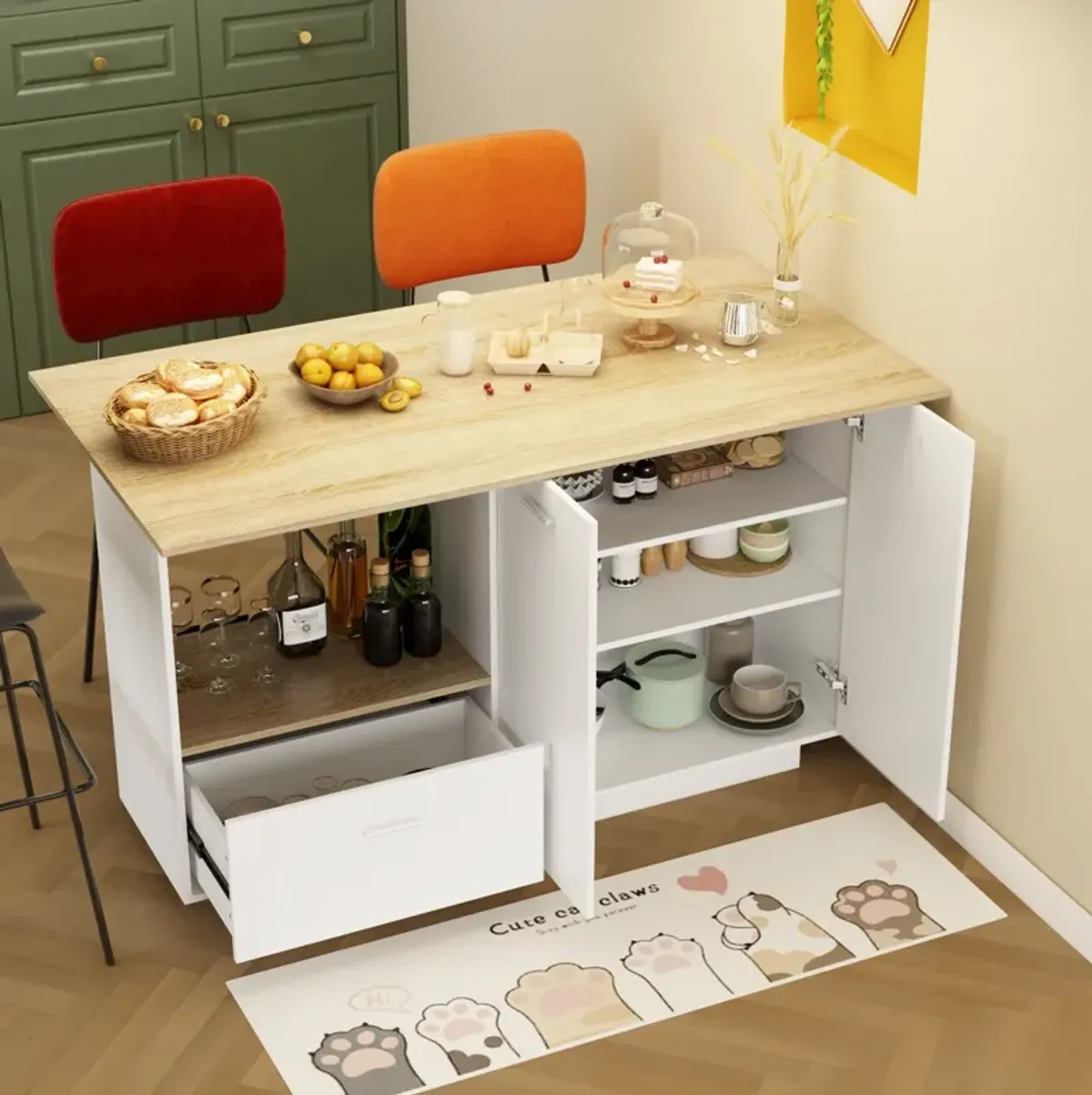 White/Oak Wood 59.1 in. W Kitchen Island Dining Table With Adjustable Shelves and Drawer