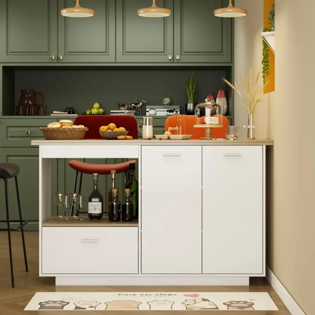 White/Oak Wood 59.1 in. W Kitchen Island Dining Table With Adjustable Shelves and Drawer