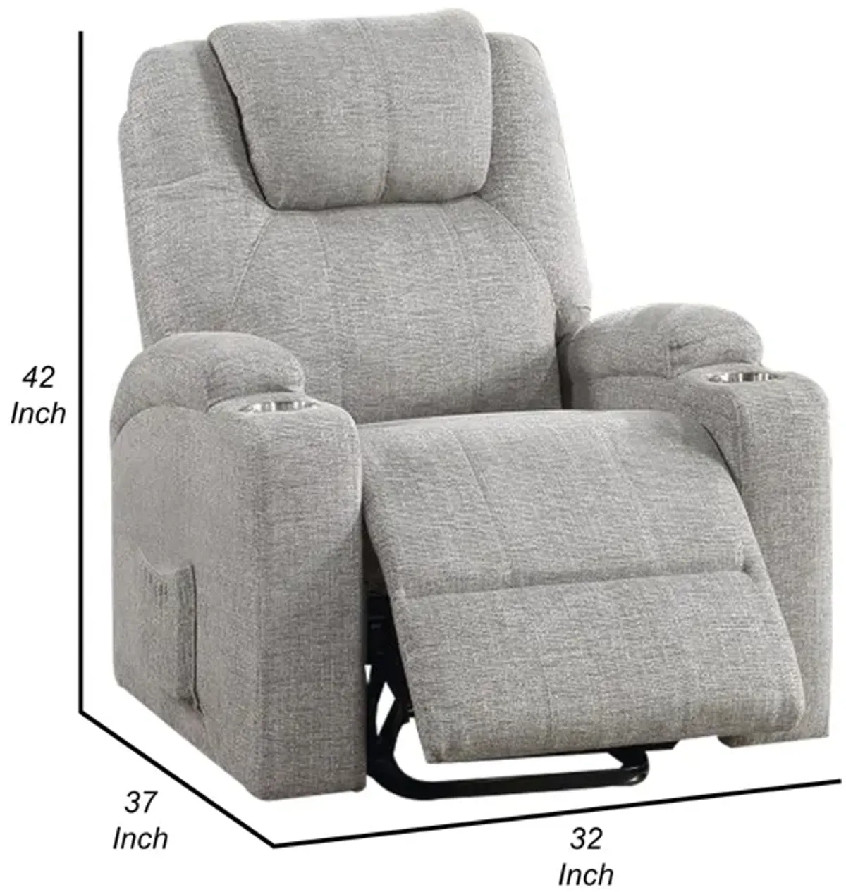 Evans 37 Inch Recliner Chair, Power Lift, Cupholders, Chenille, Light Gray - Benzara