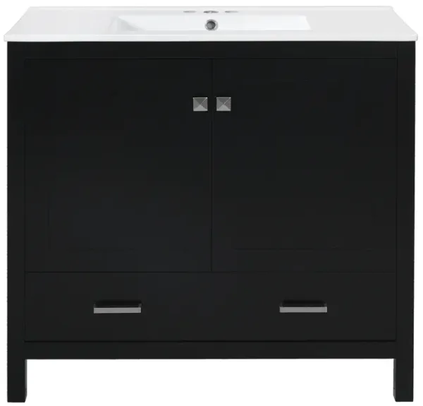 Merax Bathroom Vanity with Ceramic Sink Soft-Close Doors & Divided Drawer 2 Storage Shelves Modern Storage Cabinet