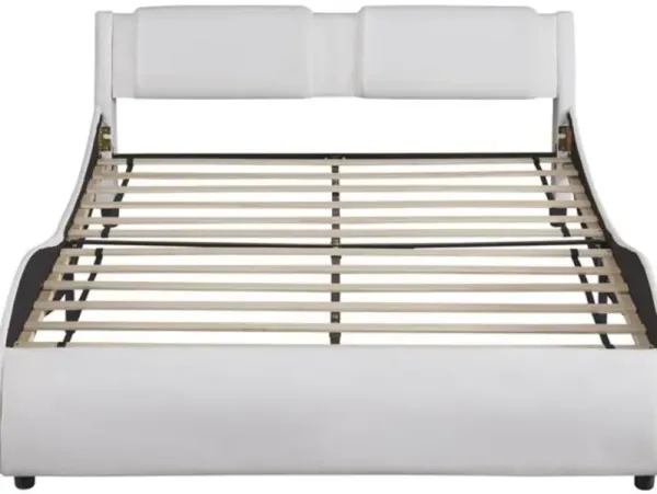 Upholstered Faux Leather Platform Bed with LED Lights and Slatted Frame
