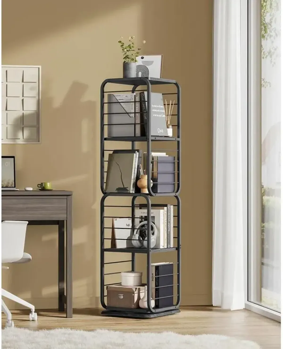 4-Tier Rotating Bookshelf with Bookends for Easy Access and Stylish Organization