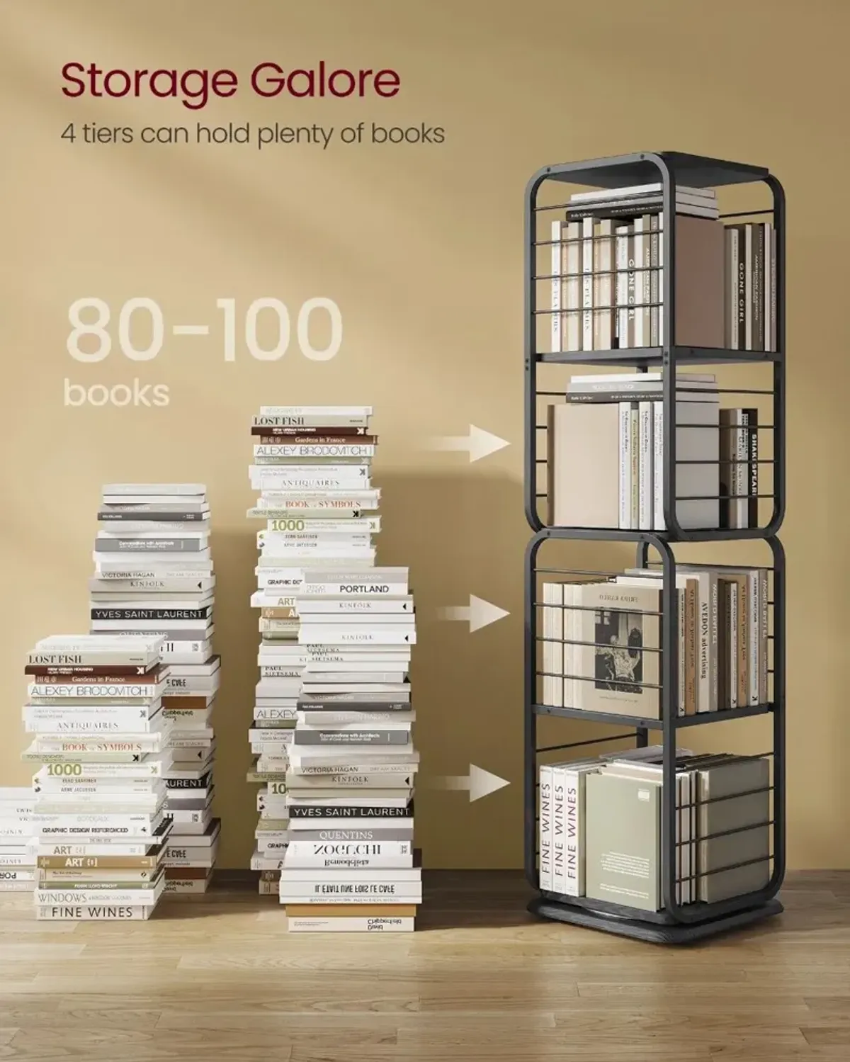 4-Tier Rotating Bookshelf with Bookends for Easy Access and Stylish Organization