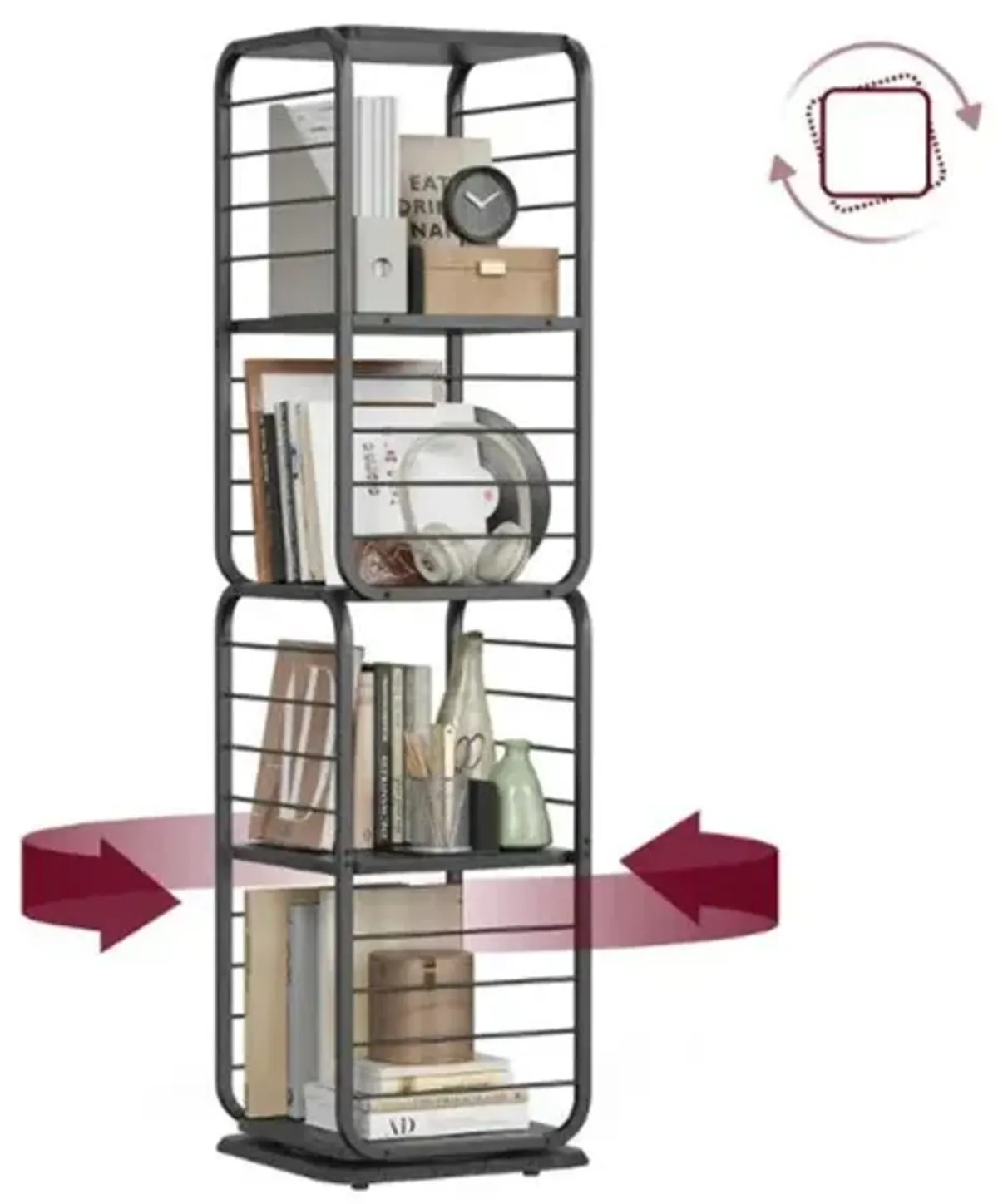 4-Tier Rotating Bookshelf with Bookends for Easy Access and Stylish Organization