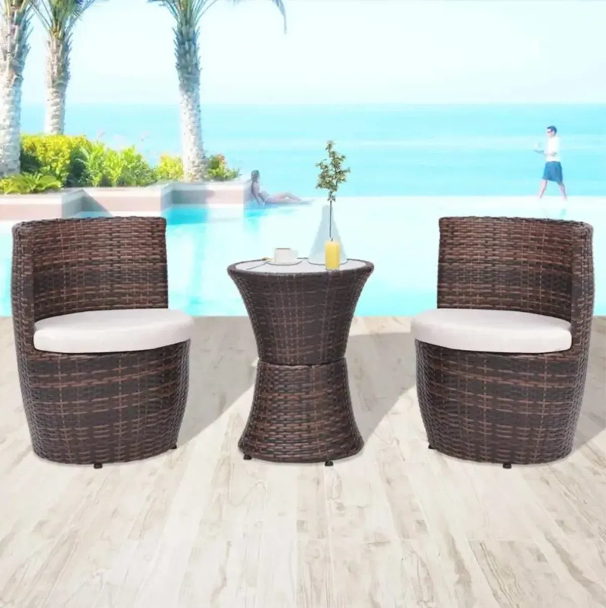 vidaXL 3 Piece Bistro Set with Cushions Poly Rattan Brown