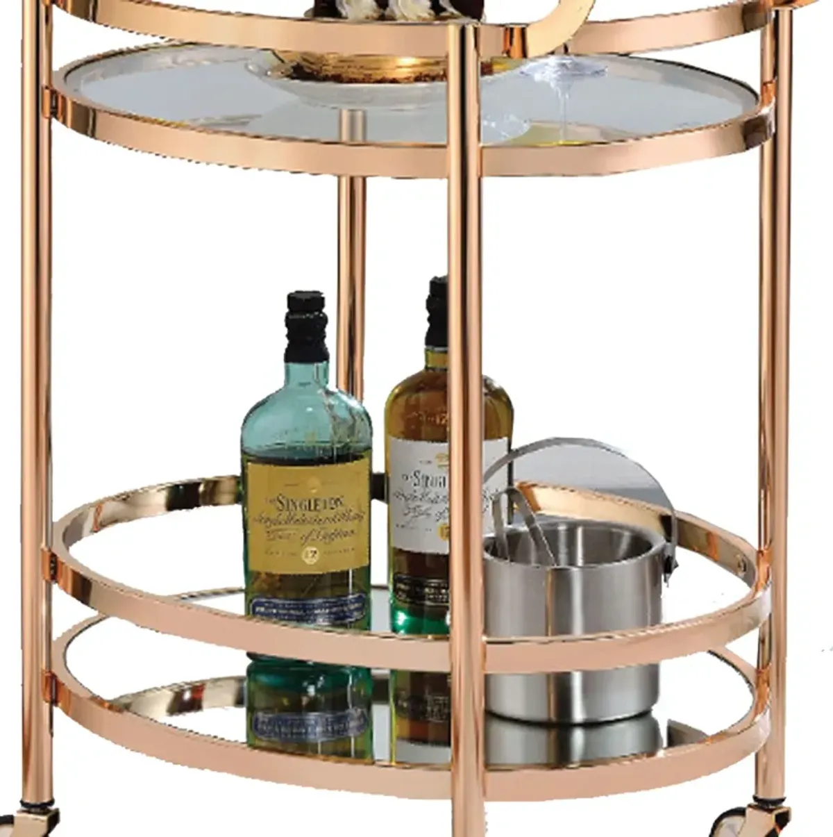 Oval Metal Serving Cart, Clear Glass & Copper-Benzara