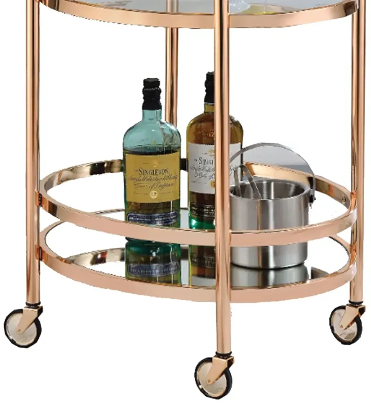 Oval Metal Serving Cart, Clear Glass & Copper-Benzara