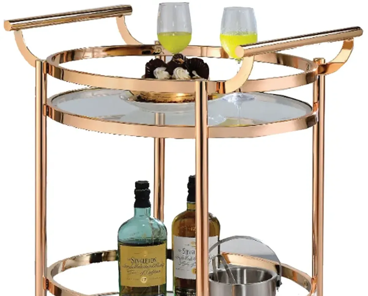 Oval Metal Serving Cart, Clear Glass & Copper-Benzara