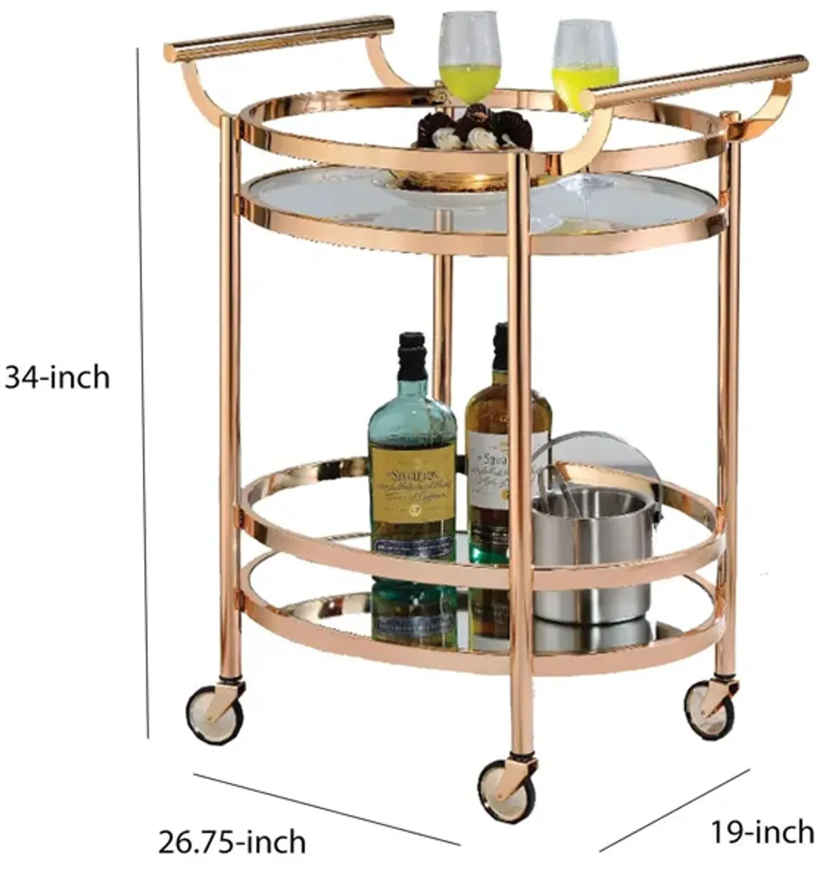 Oval Metal Serving Cart, Clear Glass & Copper-Benzara