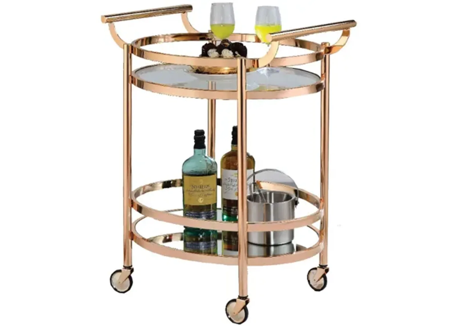 Oval Metal Serving Cart, Clear Glass & Copper-Benzara