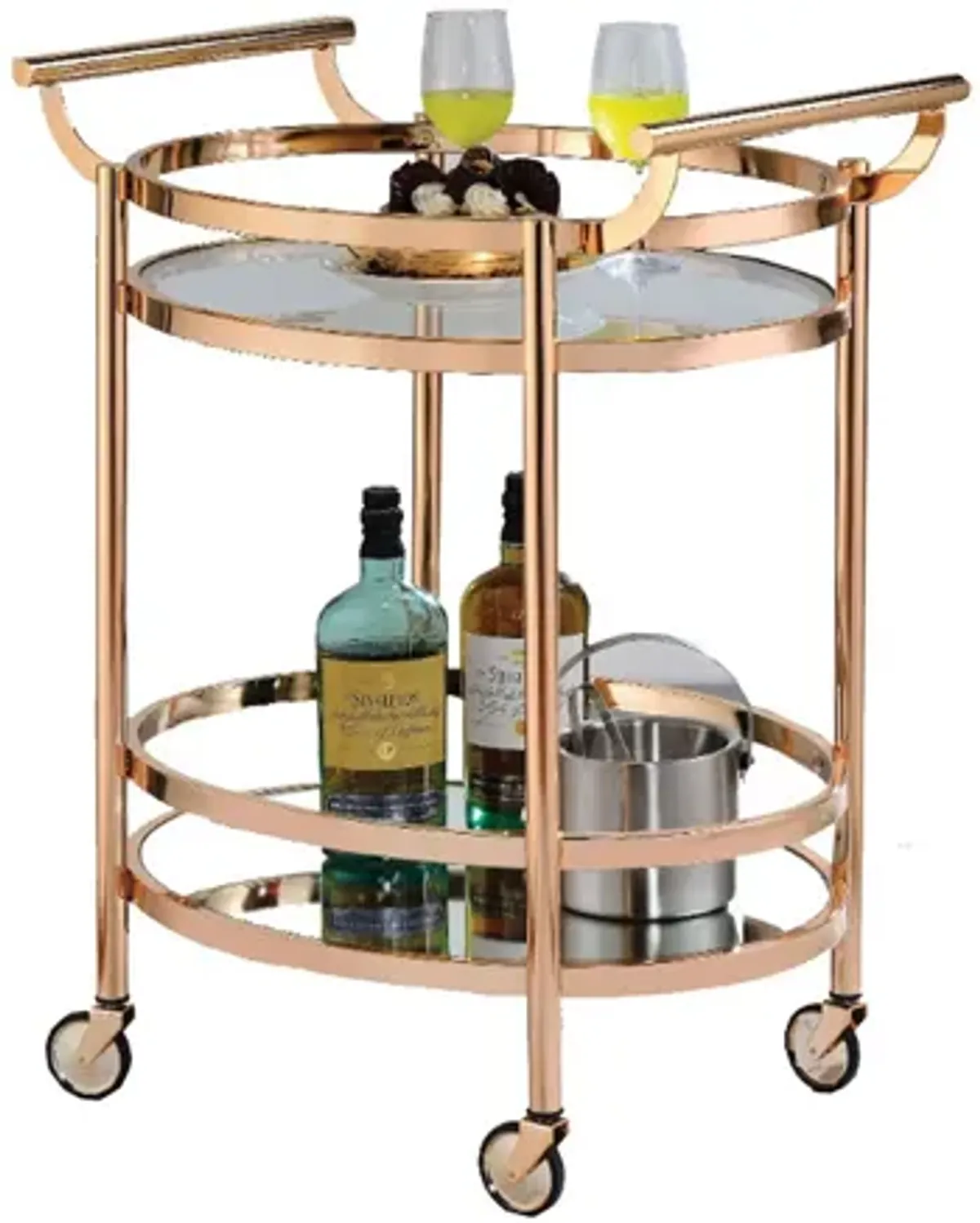 Oval Metal Serving Cart, Clear Glass & Copper-Benzara