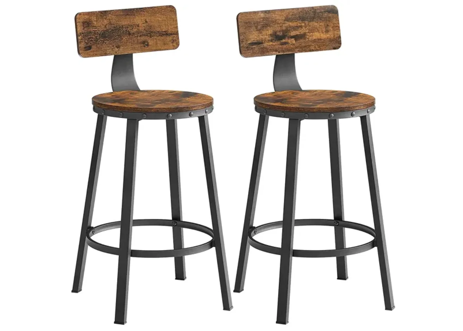 Set of 2 Tall Kitchen Stools with Backrest and Heavy-Duty Steel Frame