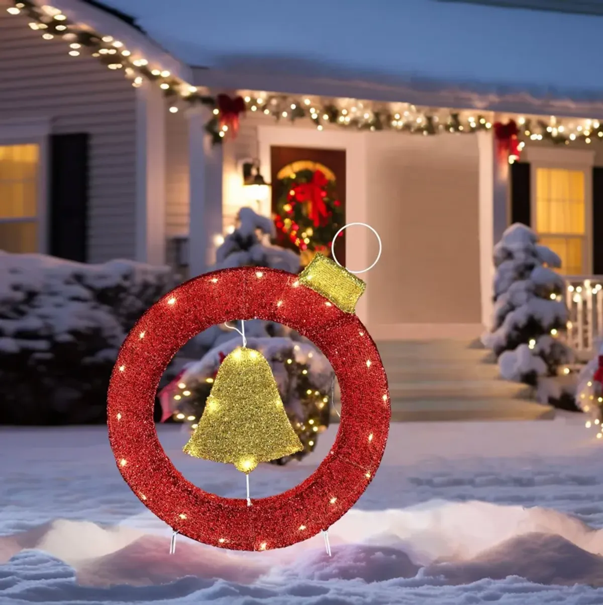 LuxenHome 1.9Ft Tall Ornament and Bell Wreath Outdoor Holiday Decoration with Lights