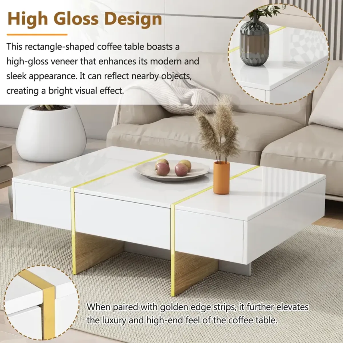 Merax Minimalist High Gloss Coffee Table with 2 Drawers