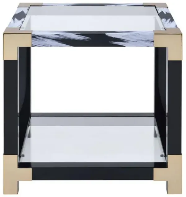 Modern Style Square Metal and Glass End Table With Bottom Shelf, Black and Gold-Benzara