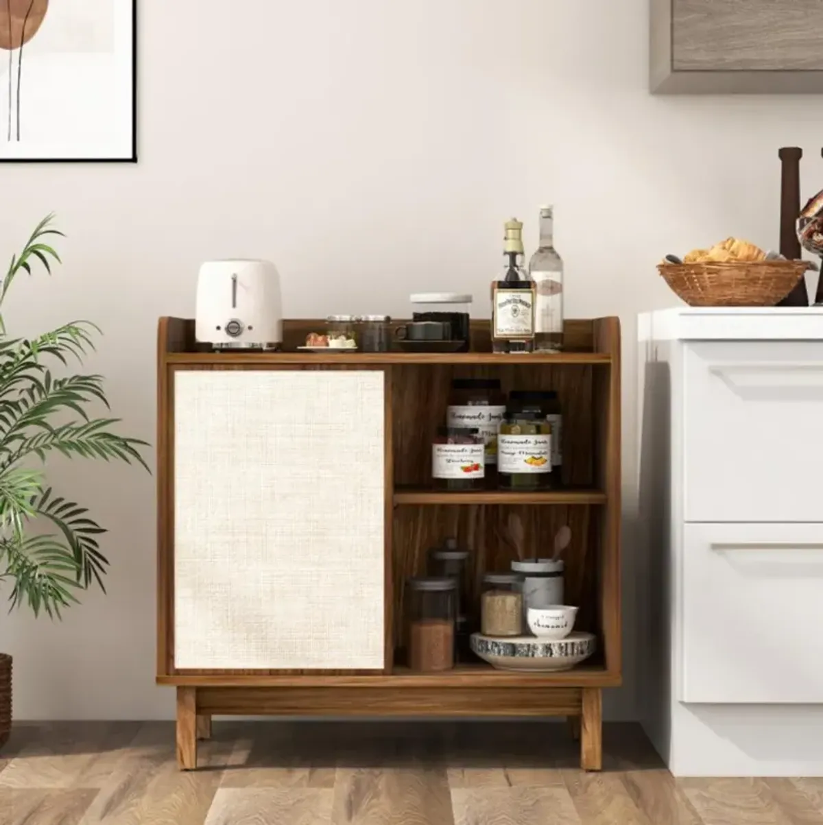 Hivvago Rattan Buffet Sideboard Mid Century Floor Storage Cabinet with Sliding Door and Adjustable Shelves