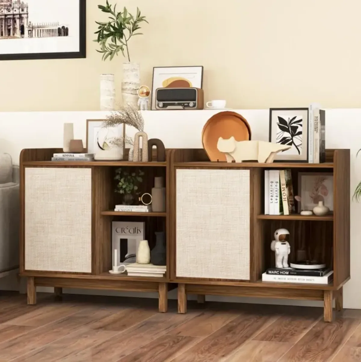 Hivvago Rattan Buffet Sideboard Mid Century Floor Storage Cabinet with Sliding Door and Adjustable Shelves