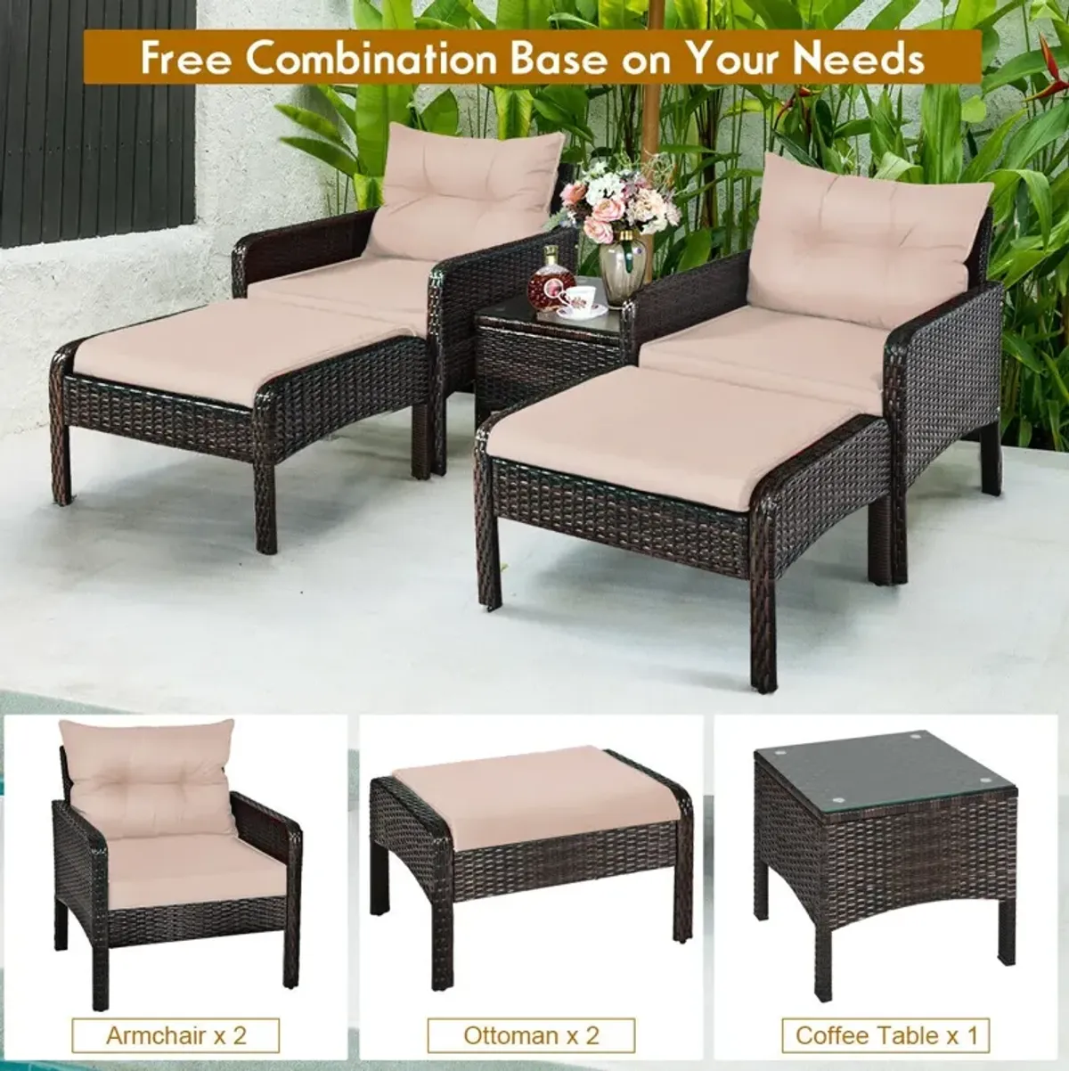 5 Pieces Patio Rattan Sofa Ottoman Furniture Set with Cushions