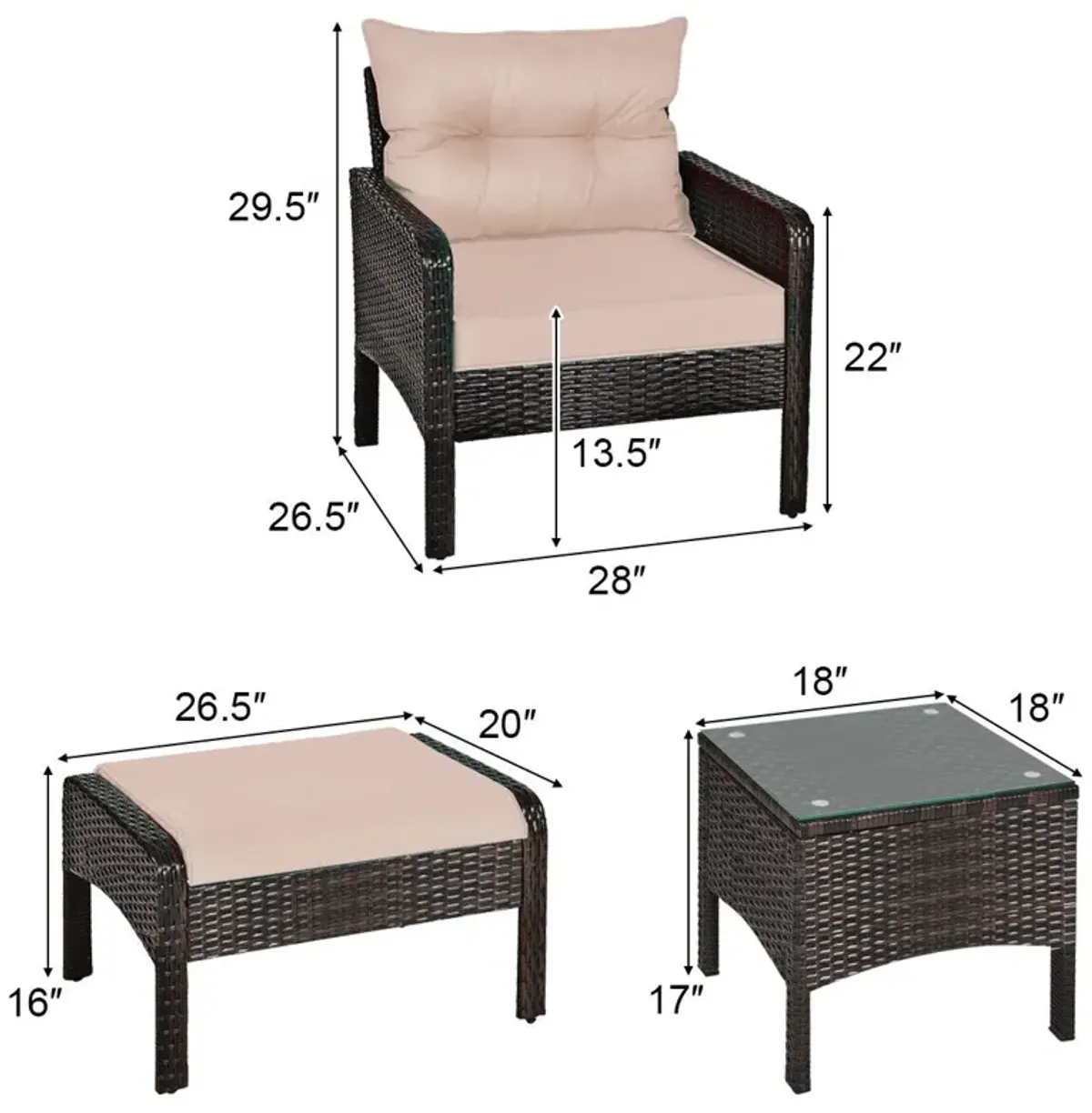 5 Pieces Patio Rattan Sofa Ottoman Furniture Set with Cushions