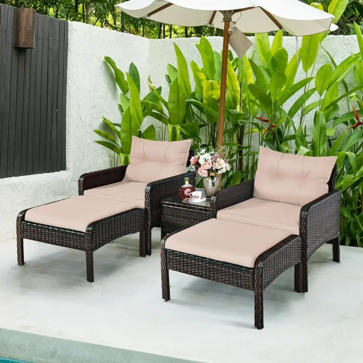 5 Pieces Patio Rattan Sofa Ottoman Furniture Set with Cushions