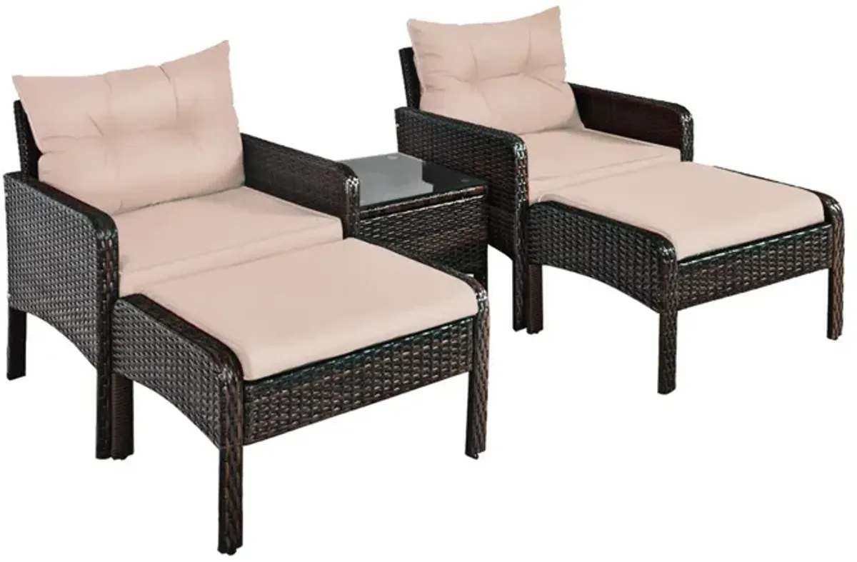 5 Pieces Patio Rattan Sofa Ottoman Furniture Set with Cushions