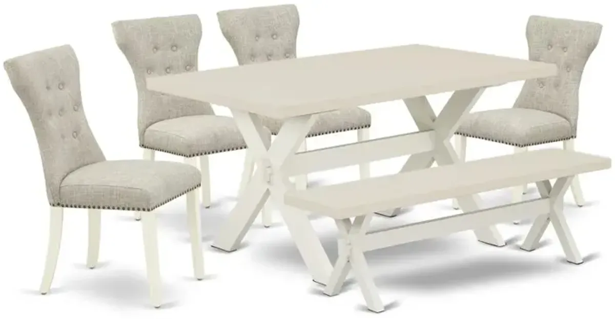 X026GA235-6 6-Piece Kitchen Dinette Set-Doeskin Linen Fabric Seat and Button Tufted Chair Back Parson dining room chairs, A Rectangular Bench and Rectangular top Kitchen Table with Wooden Legs - Linen