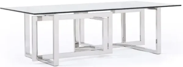 Metal and Glass  Coffee Table with Overlapping Square Base Design, Silver  and Clear-Benzara