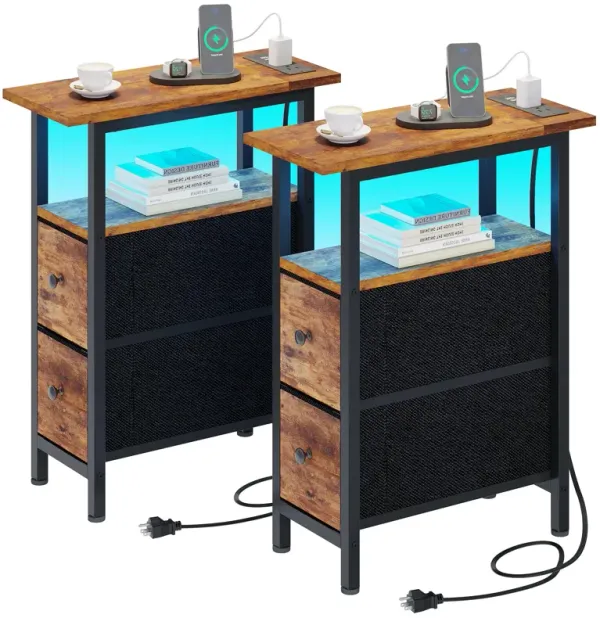 TRIFEBLE End Table Set 2 with Charging Station, Narrow Side Table with 2 Fabric Drawers, Skinny Nightstand with LED Light, Slim
