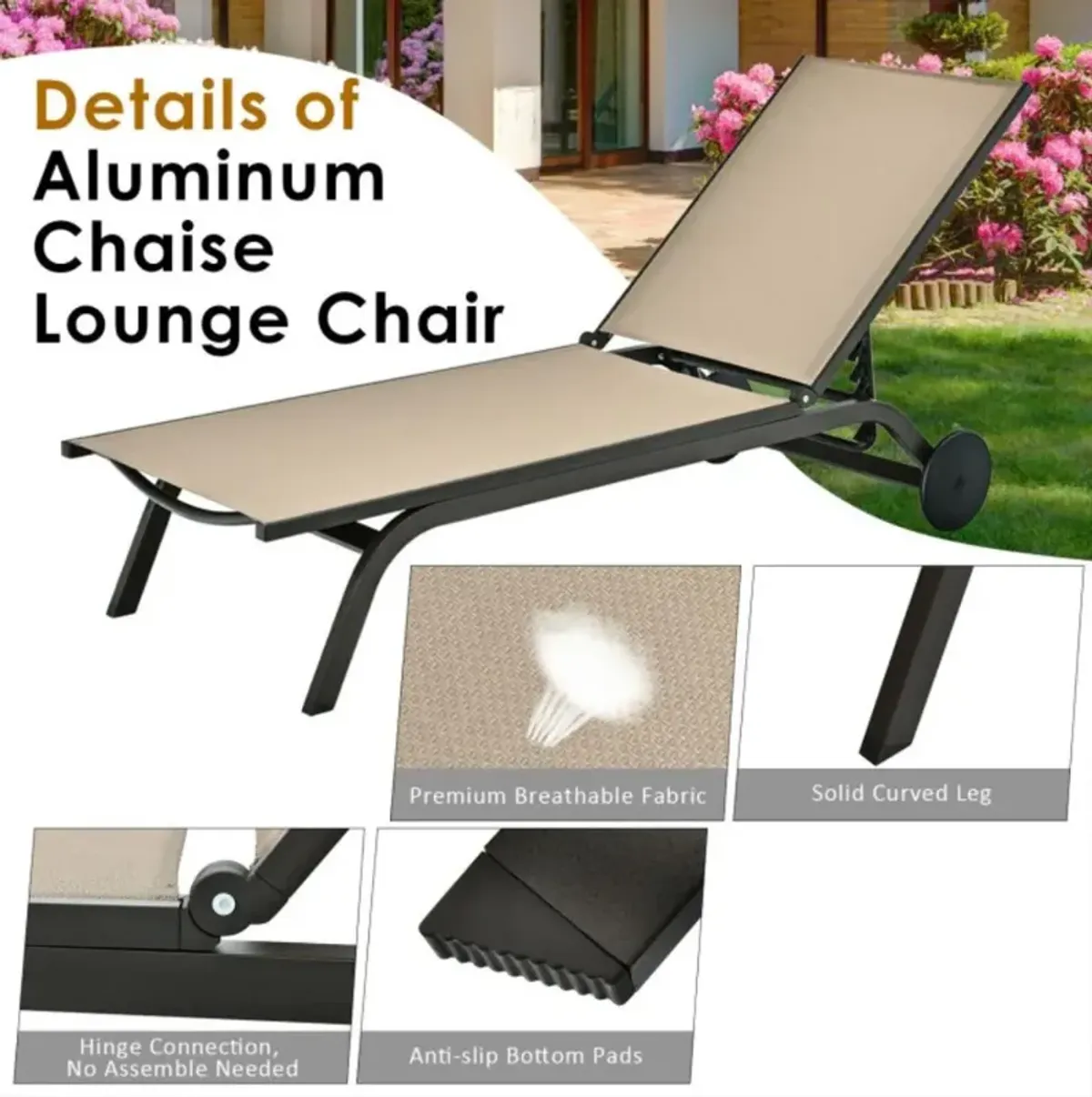 Hivvago 6-Position Adjustable Fabric Outdoor Patio Recliner Chair