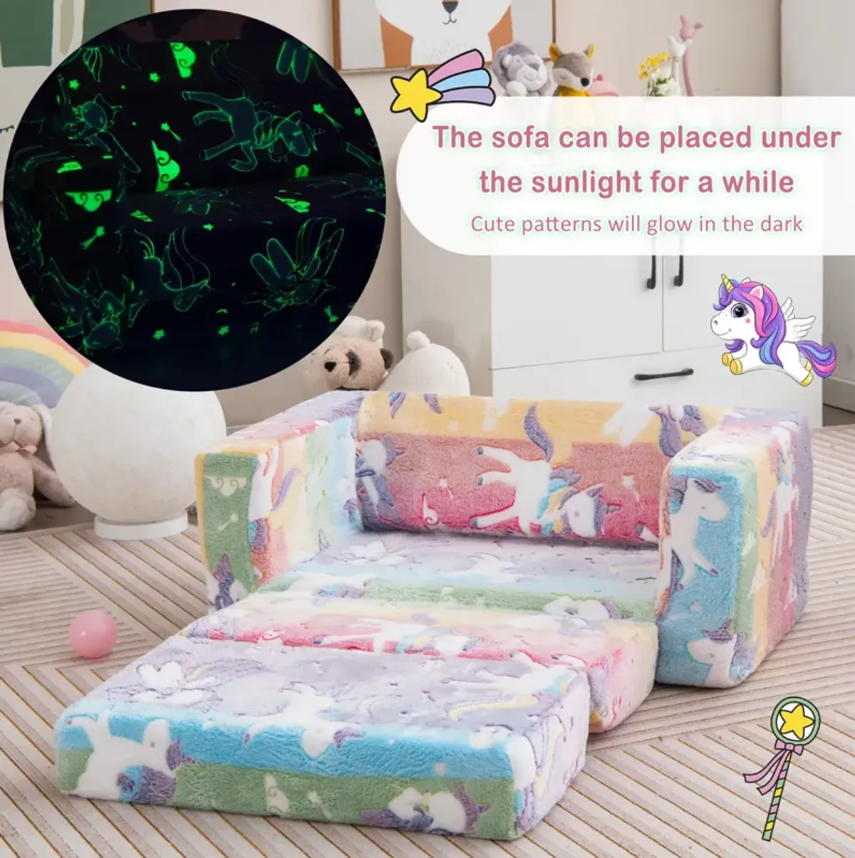 2-in-1 Flip Out Kids Sofa Chair with Detachable Flannel Fabric Cover and Glowing Patterns