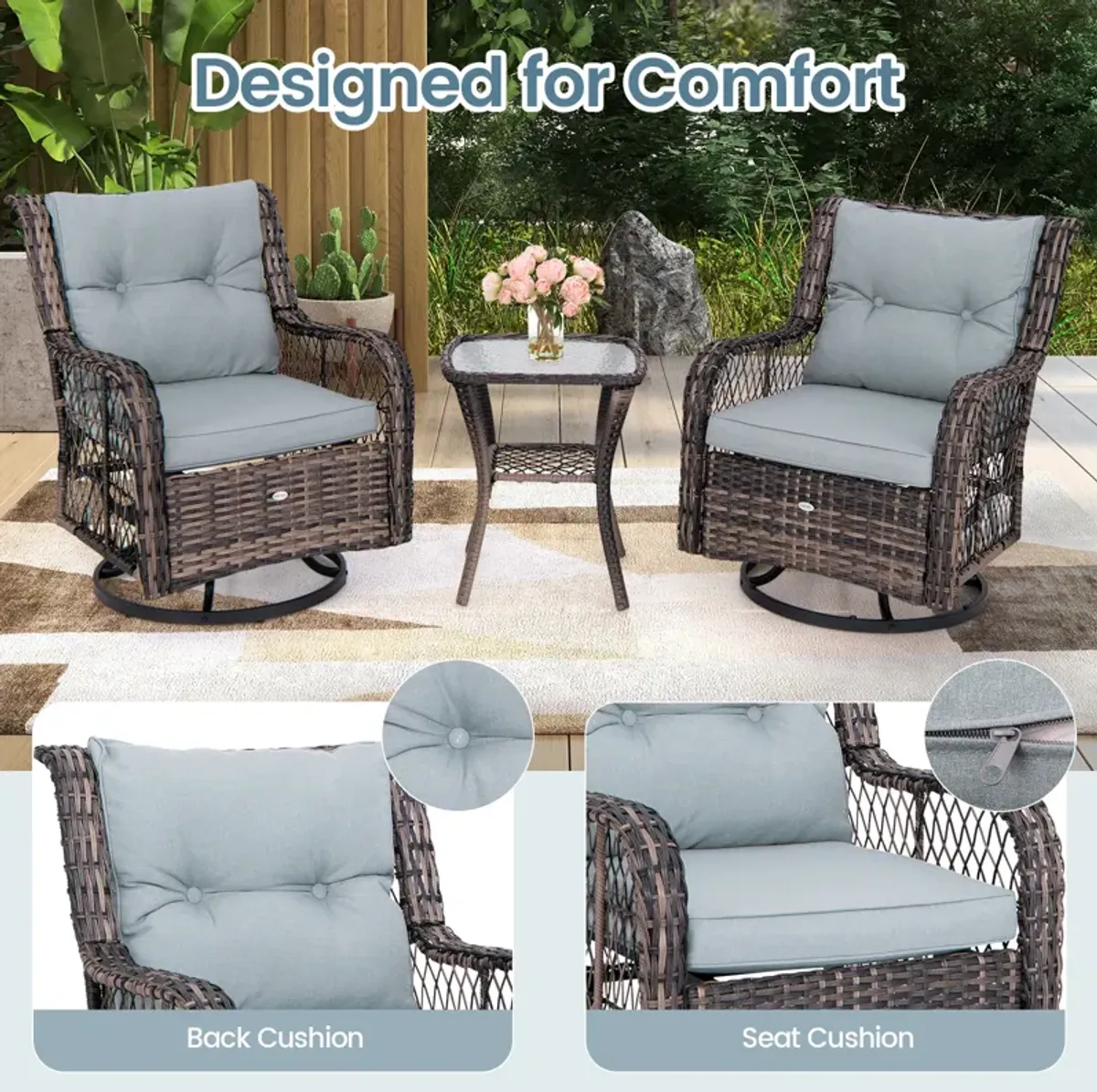 3 Pieces Outdoor Swivel Rocker Set with Small Side Table