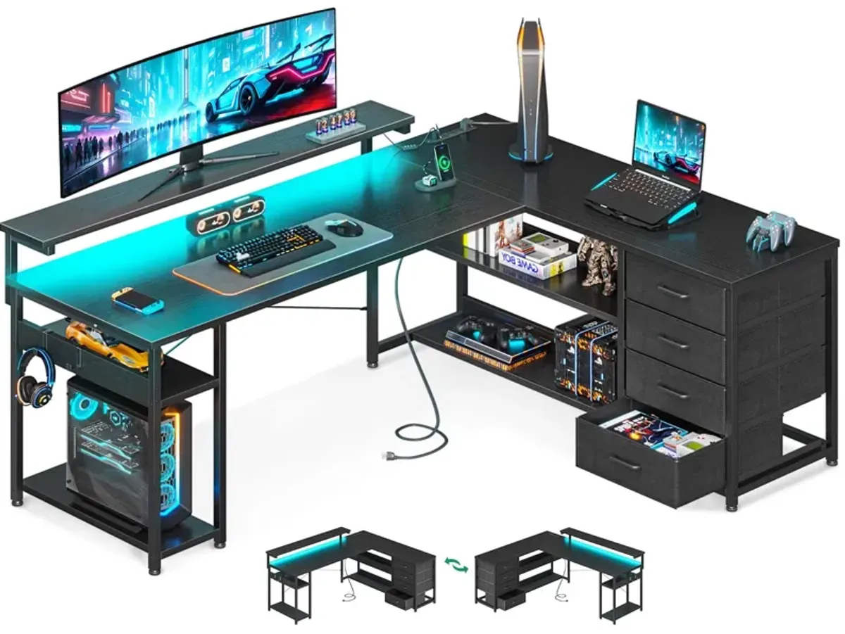 AODK 61 L Shaped Desk with Drawer, Computer Desk with Power Outlets & LED Lights, Reversible Corner Gaming Desk for Home Offic