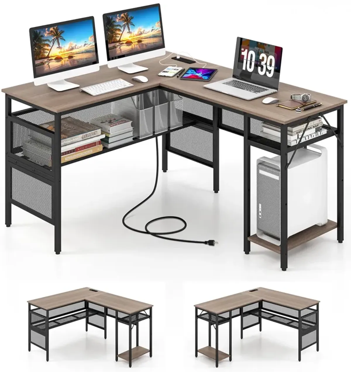 L-Shaped Computer Desk with Charging Station and Adjustable Shelf-Gray