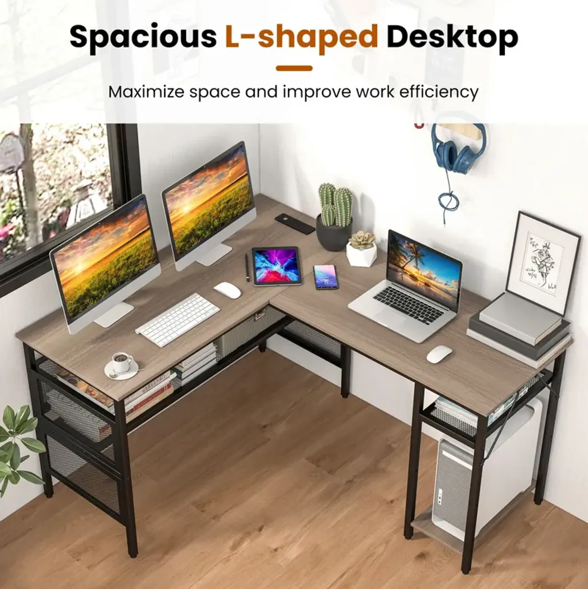 L-Shaped Computer Desk with Charging Station and Adjustable Shelf-Gray