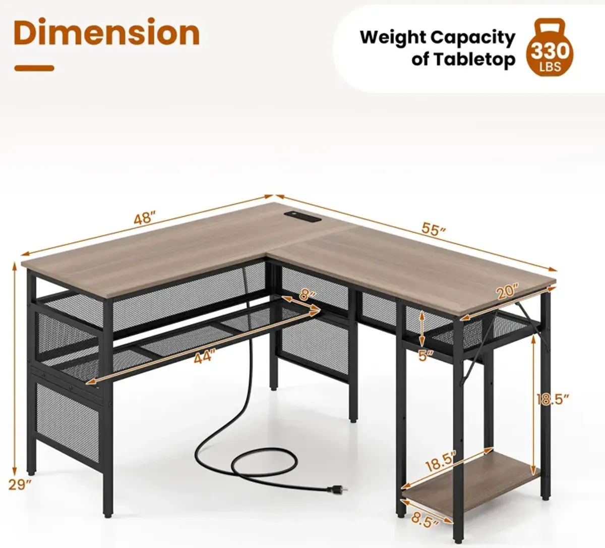 L-Shaped Computer Desk with Charging Station and Adjustable Shelf-Gray