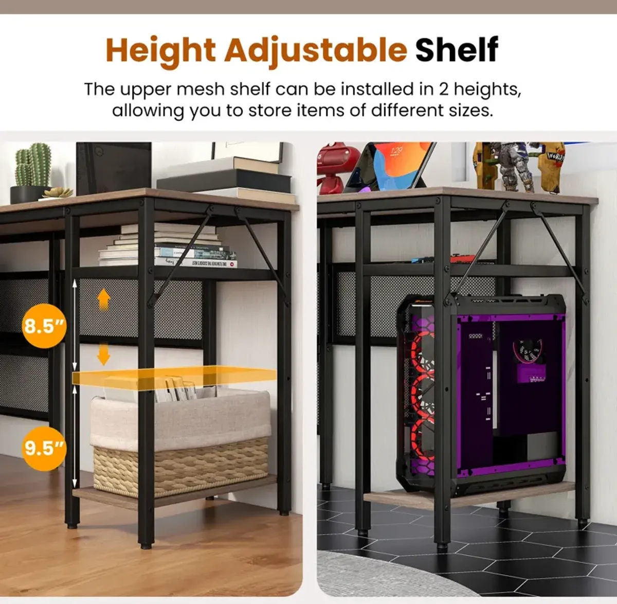 L-Shaped Computer Desk with Charging Station and Adjustable Shelf-Gray