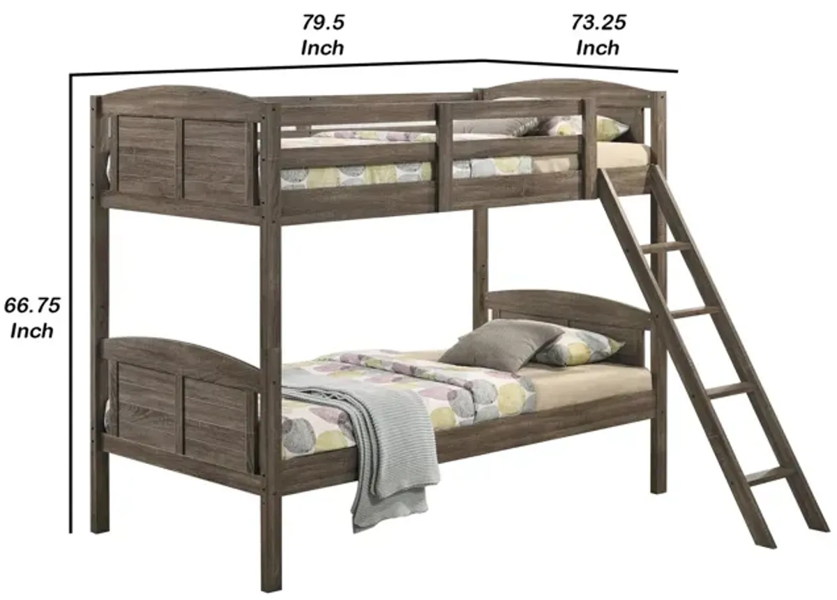 Twin Over Twin Bunk Beds, Curved Headboards, Ladder, Straight Legs, Brown-Benzara