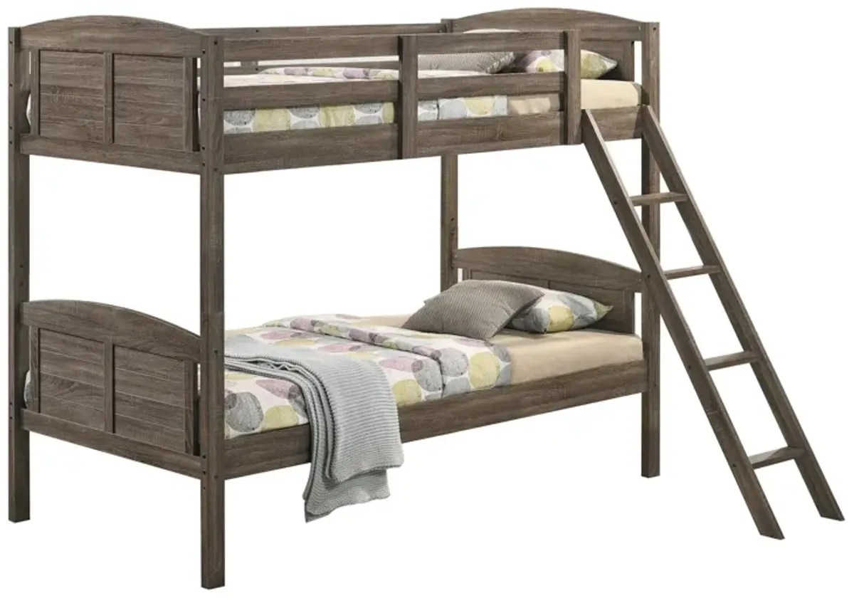 Twin Over Twin Bunk Beds, Curved Headboards, Ladder, Straight Legs, Brown-Benzara