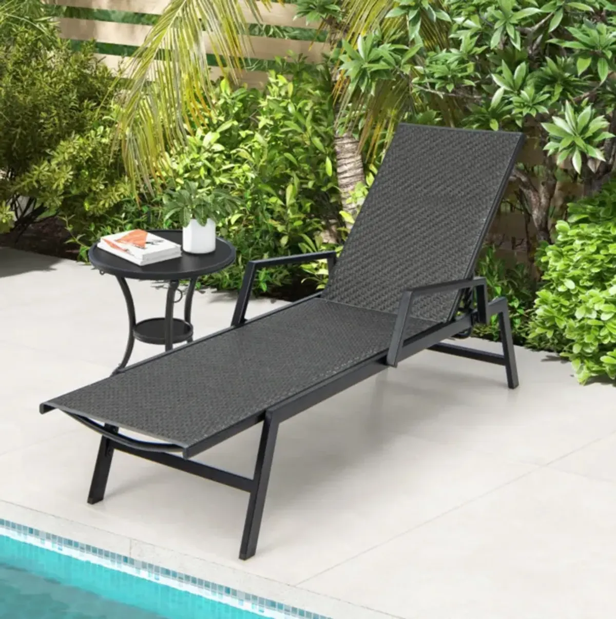 Hivvago Outdoor Rattan Chaise Lounge Reclining Chair with Armrests and 5-Position Backrest