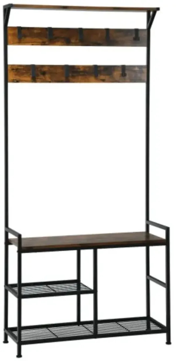 3-In-1 Coat Rack Stand with 9 Hooks Shoe Bench