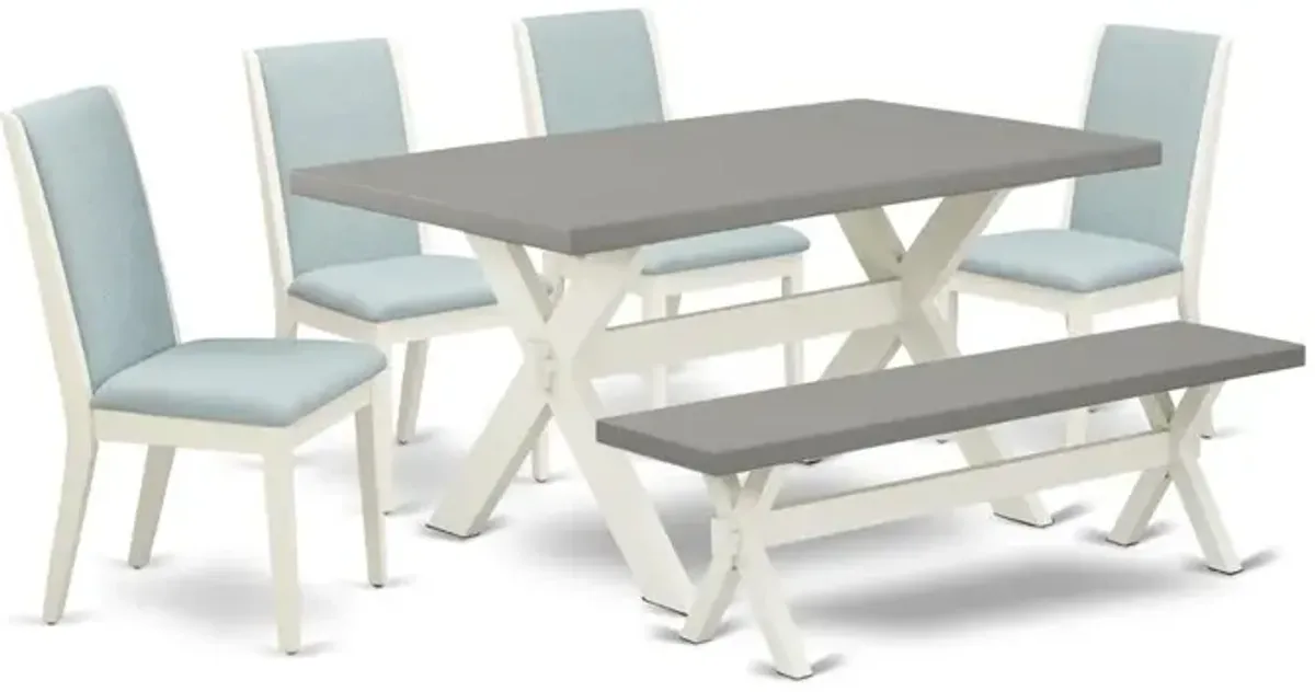East West Furniture X096LA015-6 6Pc Wood Dining Table Set Includes a Dining Room Table, 4 Parson Chairs with Baby Blue Color Linen Fabric and a Bench, Medium Size Table with Full Back Chairs, Wirebrus