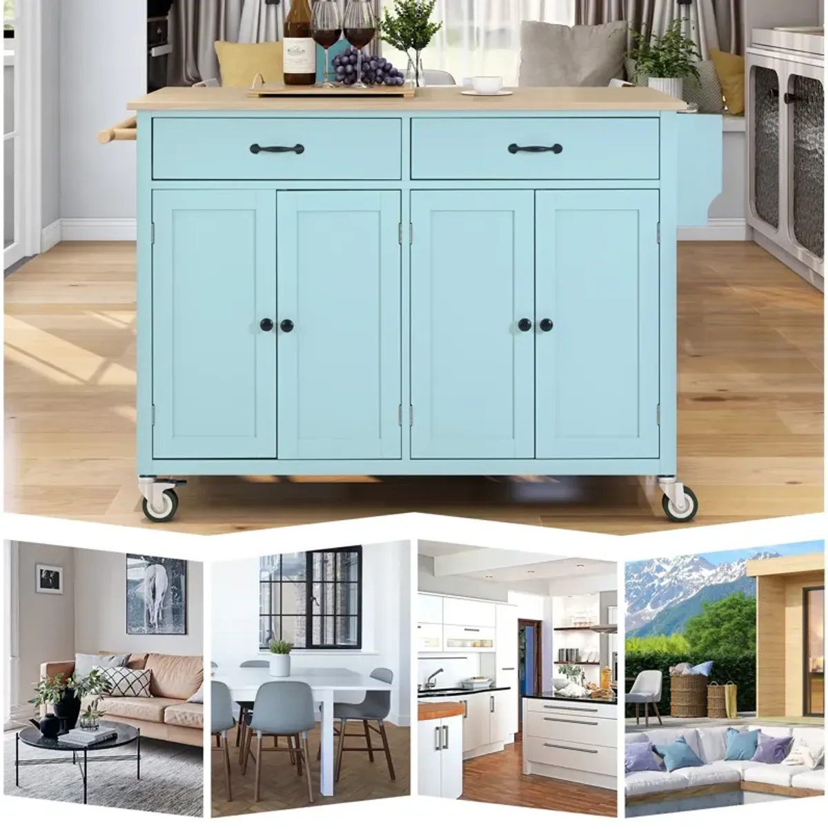 Whisen Modern Wood Kitchen Island with Spice Rack and Drawers - Mint Green