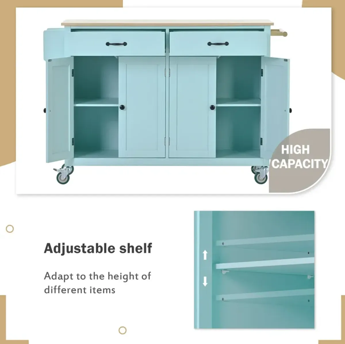Whisen Modern Wood Kitchen Island with Spice Rack and Drawers - Mint Green