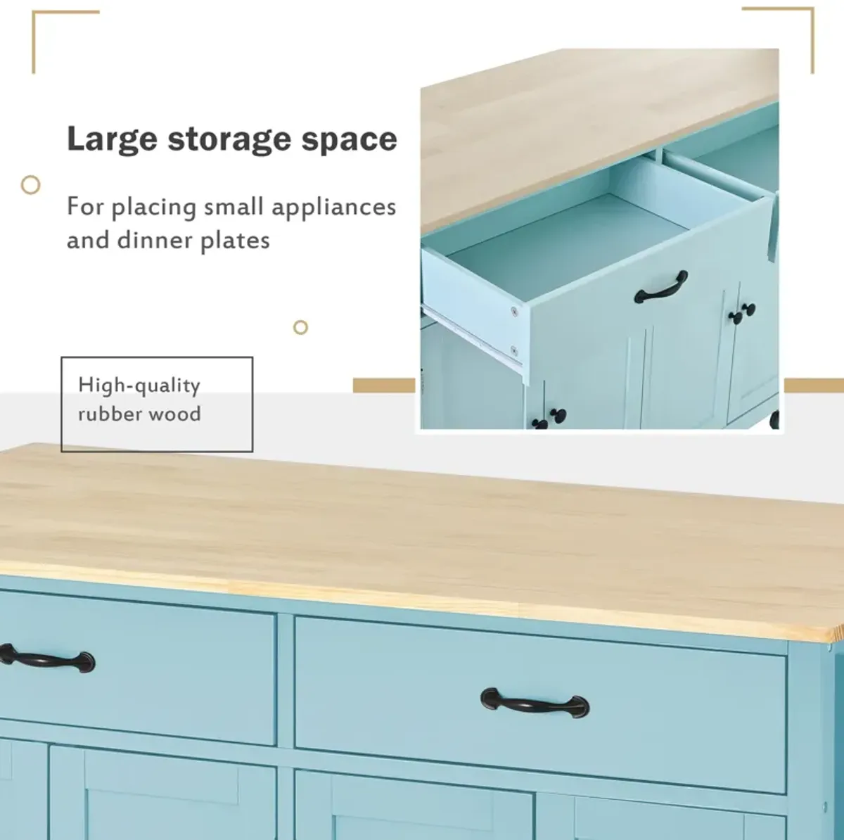 Whisen Modern Wood Kitchen Island with Spice Rack and Drawers - Mint Green