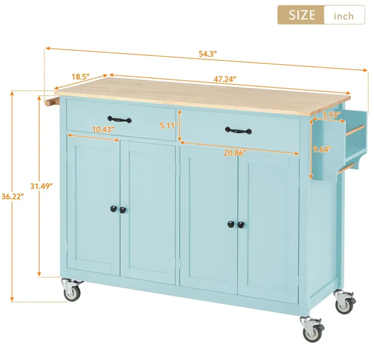 Whisen Modern Wood Kitchen Island with Spice Rack and Drawers - Mint Green