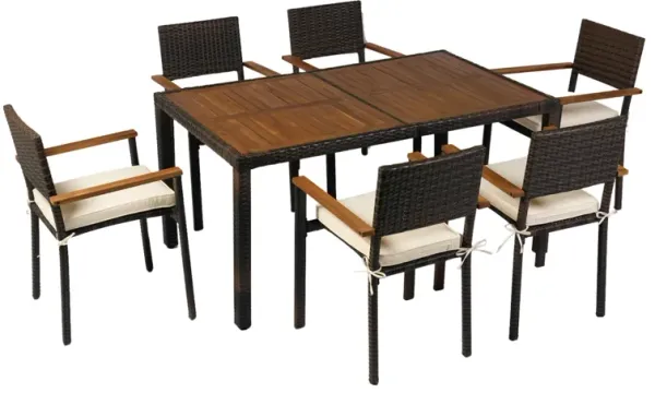 Whisen 7-Piece Wicker Patio Dining Set with Acacia Wood Top